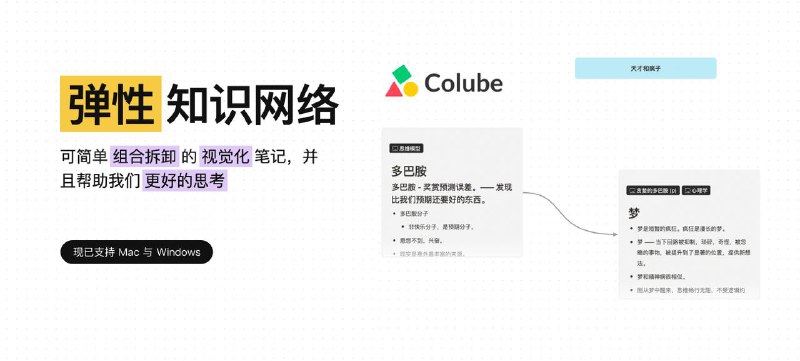 #App #Mac #Windows🎨 致力于让你打造弹性知识网络的笔记工具 —— Colube💡 很多笔记 App 通过内嵌页面（或引用）构建结构，这种垂直或引用扩展导致了知识的强耦合，看不到宏观图景，页面的跳转导致频繁的思路中断